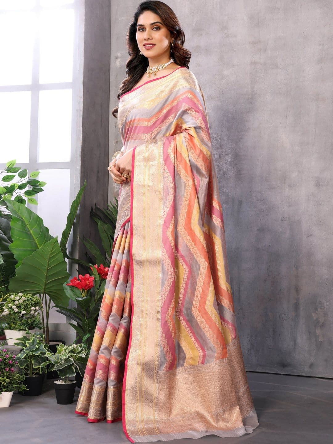 Sangria Women Striped Zari Silk Blend Designer Kanjeevaram Saree thumbnail 2