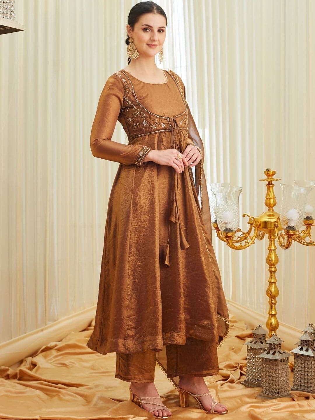 Colors  of Earth Colors of Earth Silk Embroidered Beadswork Anarkali Kurta Palazzo Set With Dupatta thumbnail 3