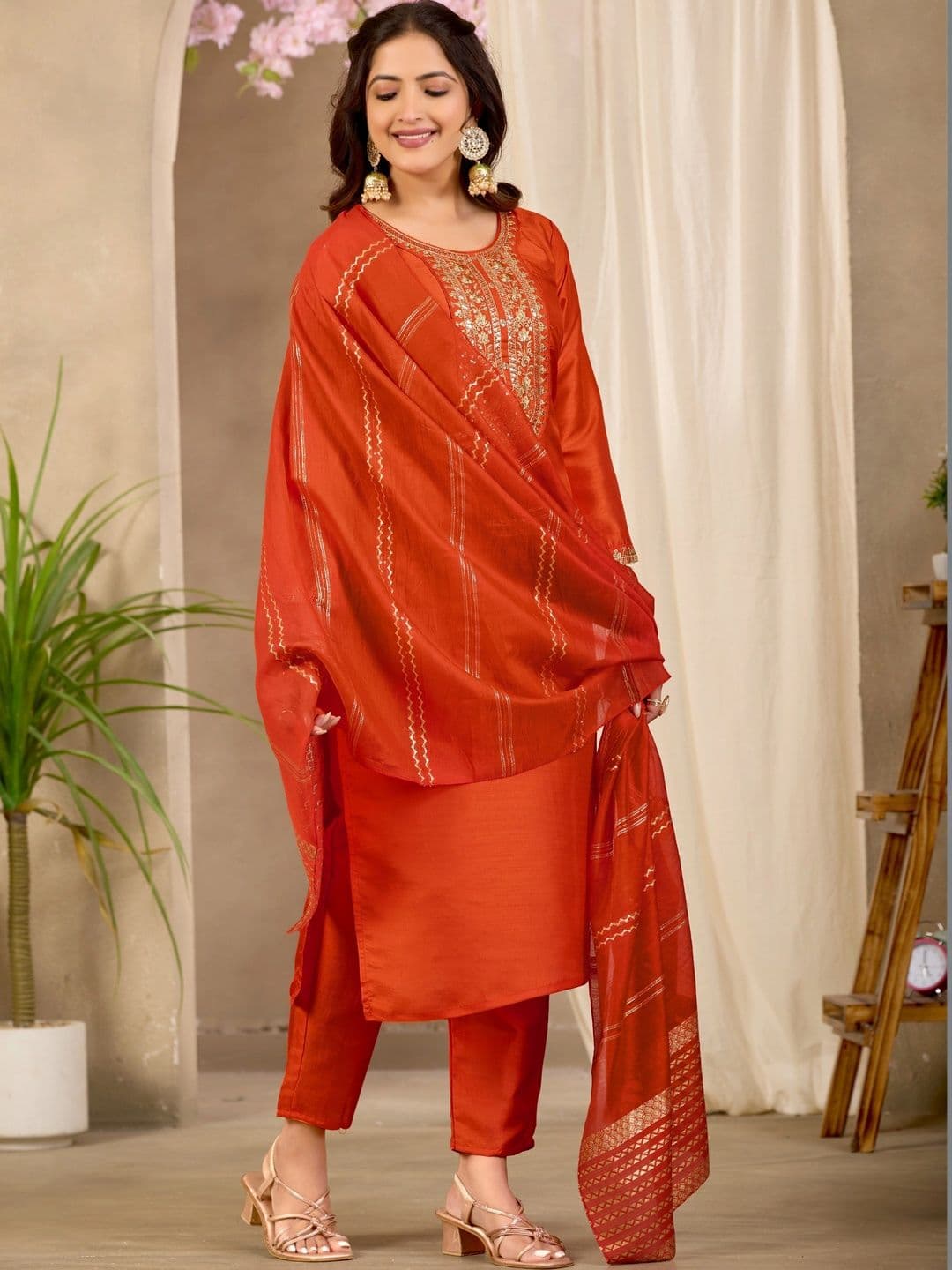 Sangria Women Ethnic Motifs Embroidered Regular Kurta with Trousers & With Dupatta thumbnail 4