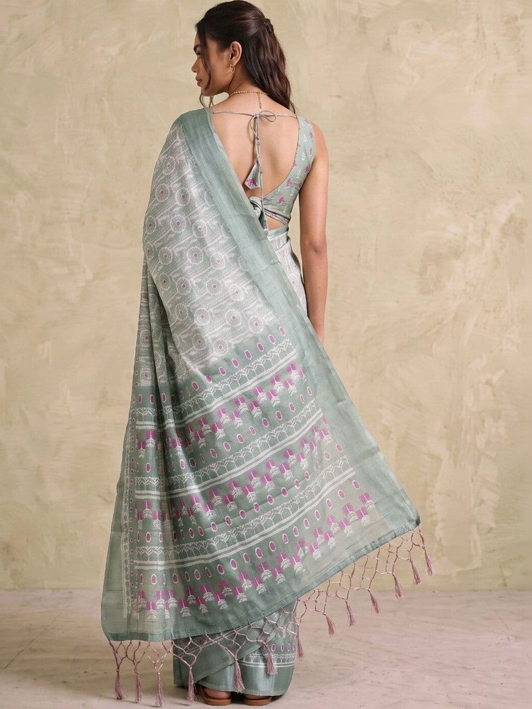 SAARA Zari,Screen Printed Linen Saree thumbnail 3