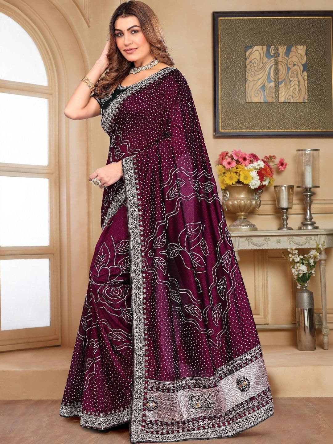 SmileyFashion Bandhani Embroidered Art Silk Designer Saree thumbnail 4