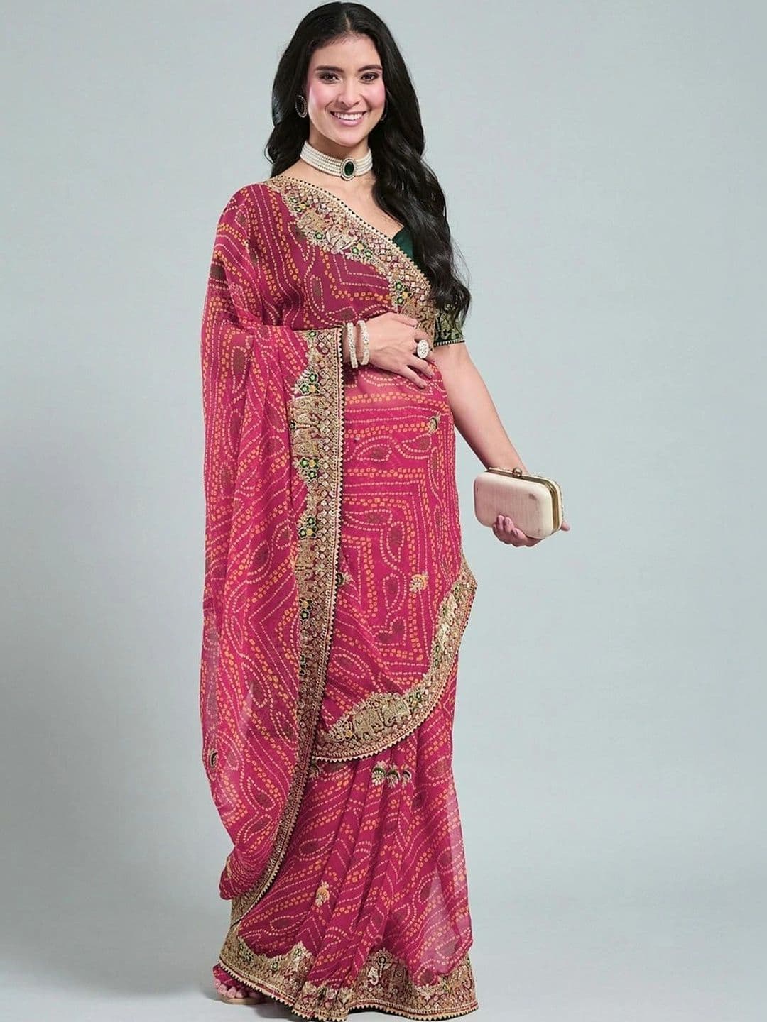 SAMANTHA Women Bandhani Embroidered Poly Georgette Bandhani Saree thumbnail 5