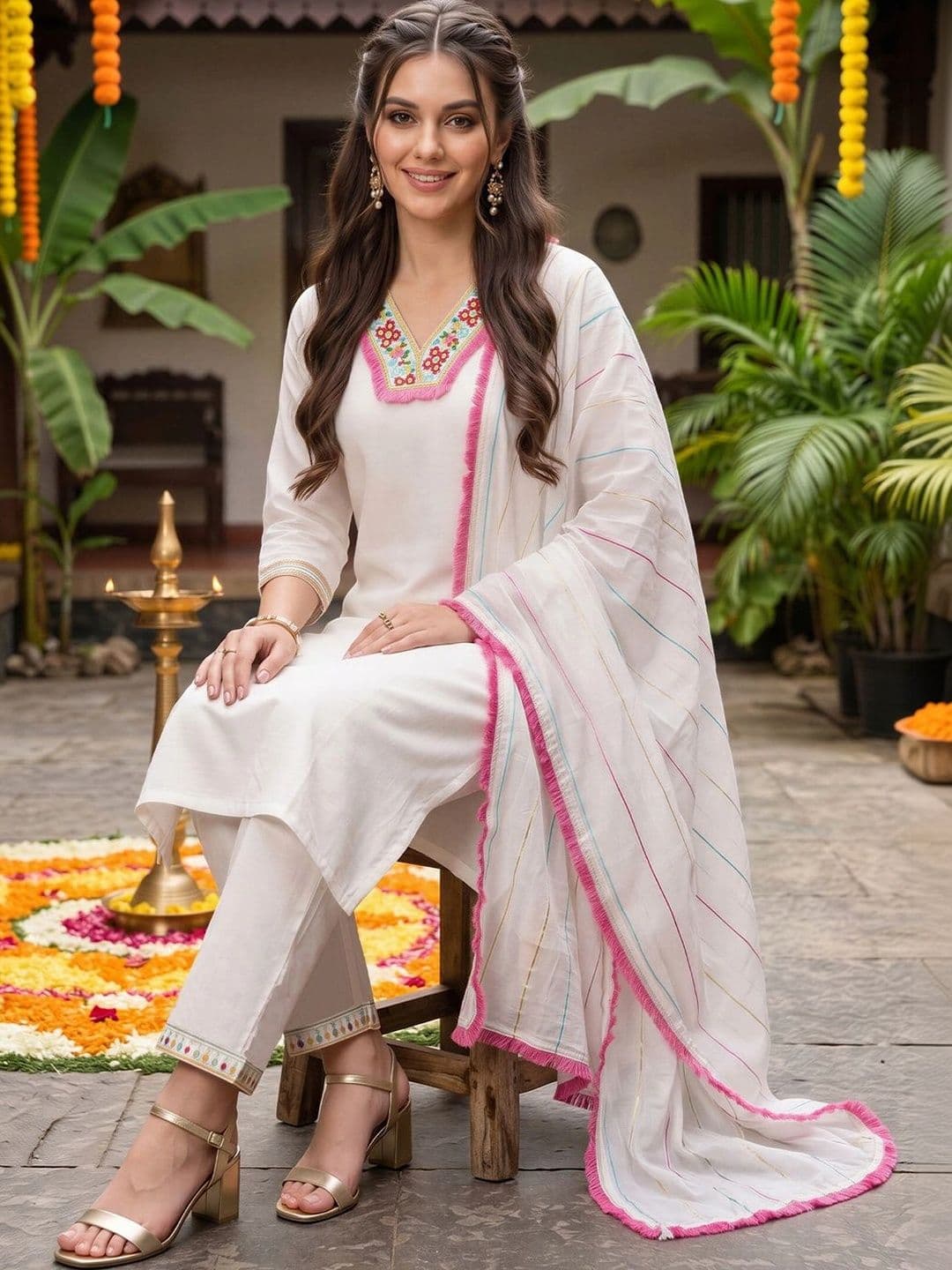 Indo Era Women Ethnic Motifs Embroidered Regular Thread Work Kurta with Trousers & With Dupatta thumbnail 2