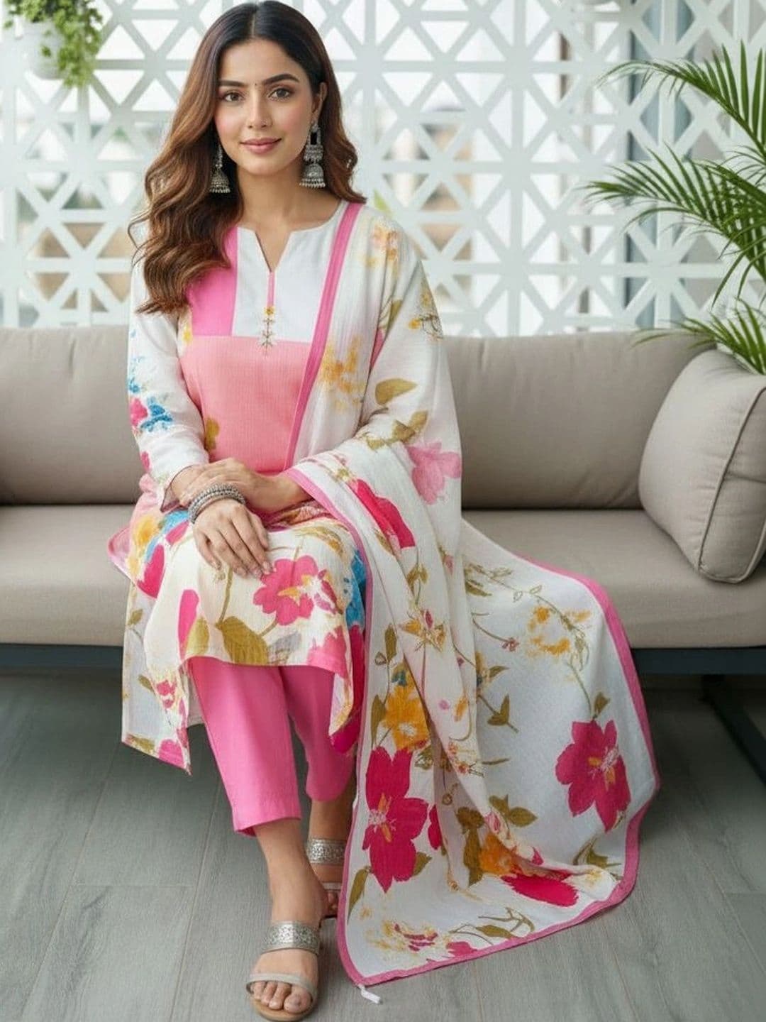 Anouk Women Floral Printed Regular Pure Cotton Kurta with Trousers & With Dupatta thumbnail 4