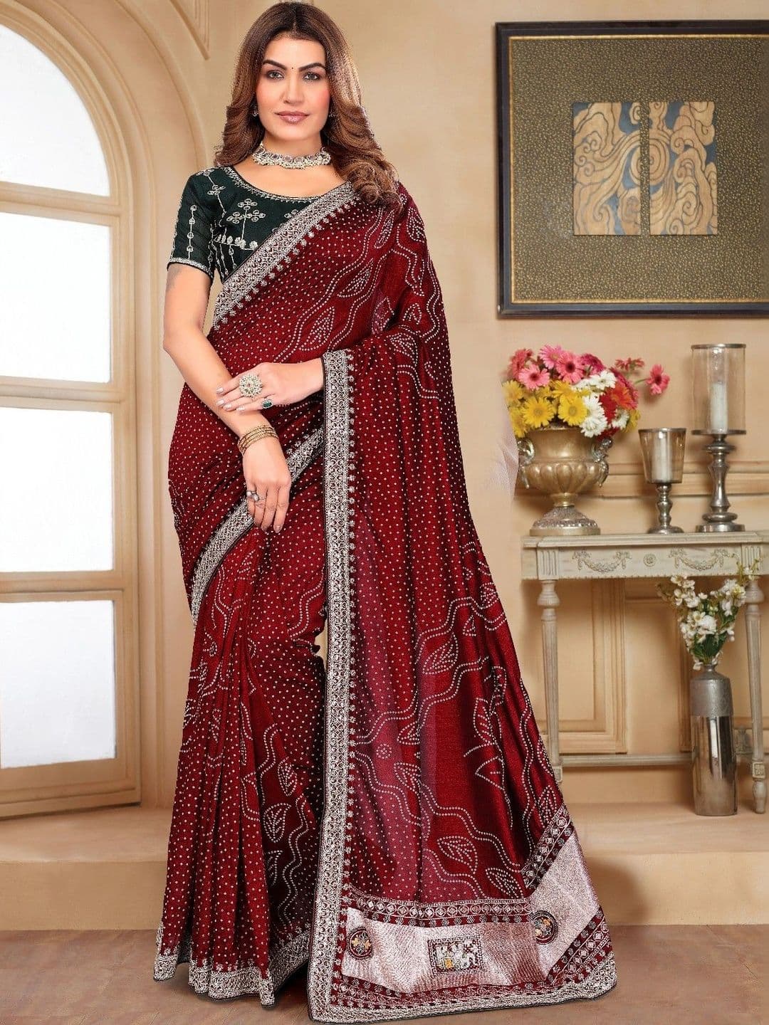 SmileyFashion Embellished Embroidered Art Silk Designer Saree - view 1