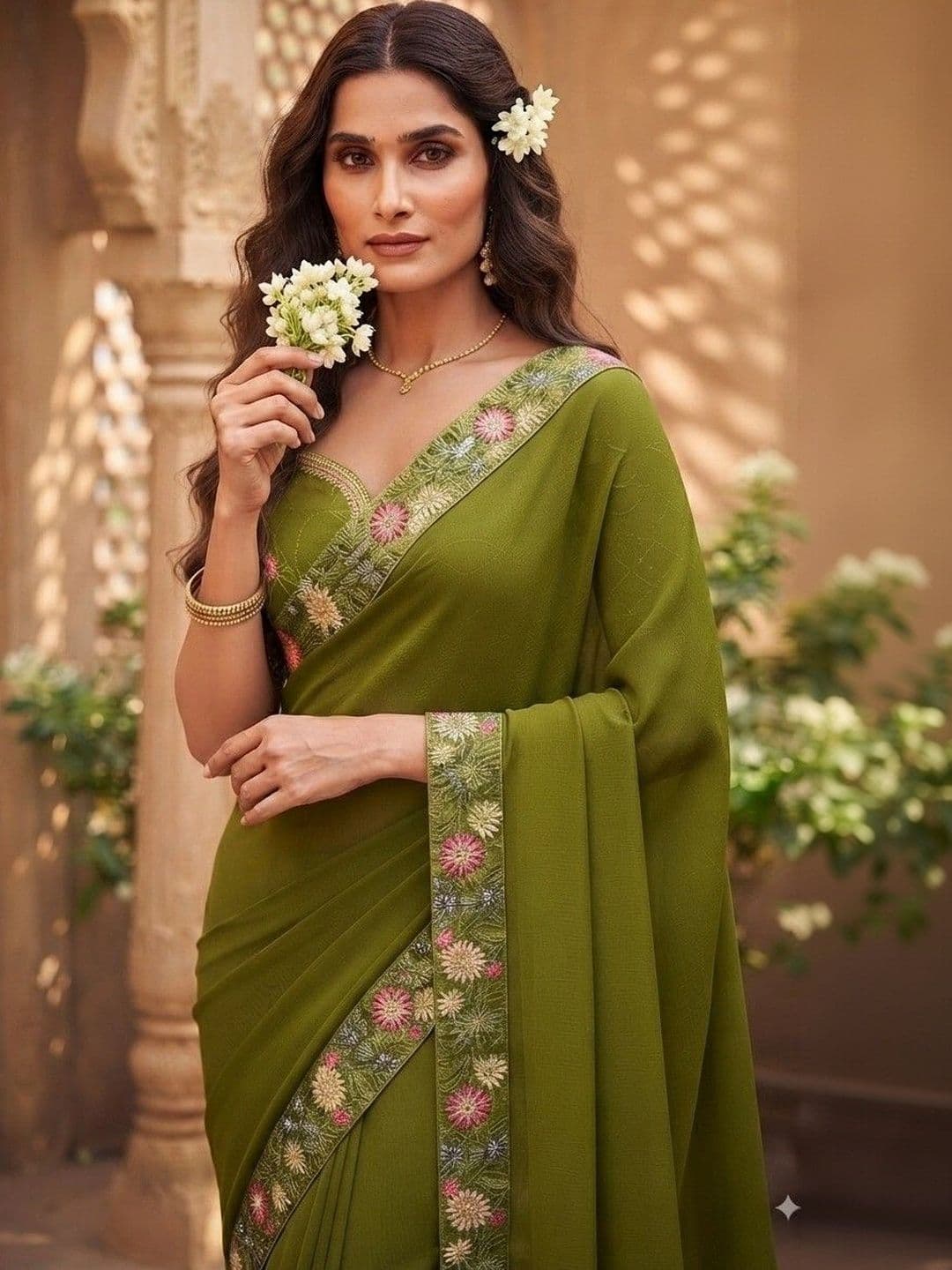 SmileyFashion Floral Embroidered Art Silk Saree thumbnail 3
