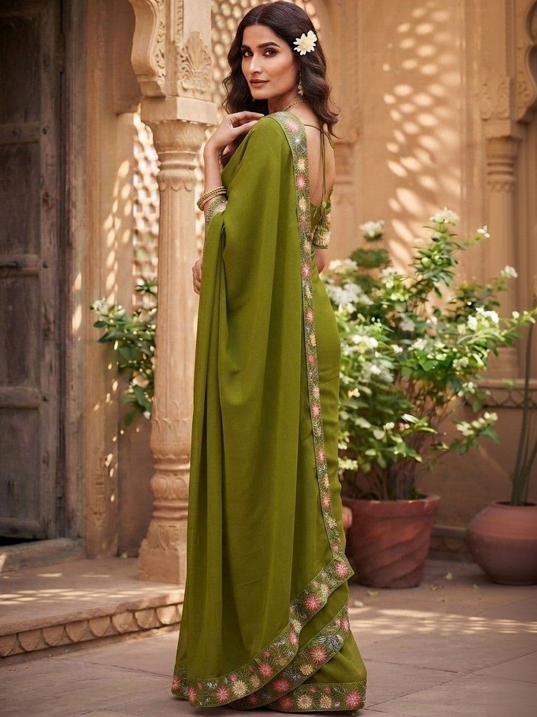 SmileyFashion Floral Embroidered Art Silk Saree thumbnail 5