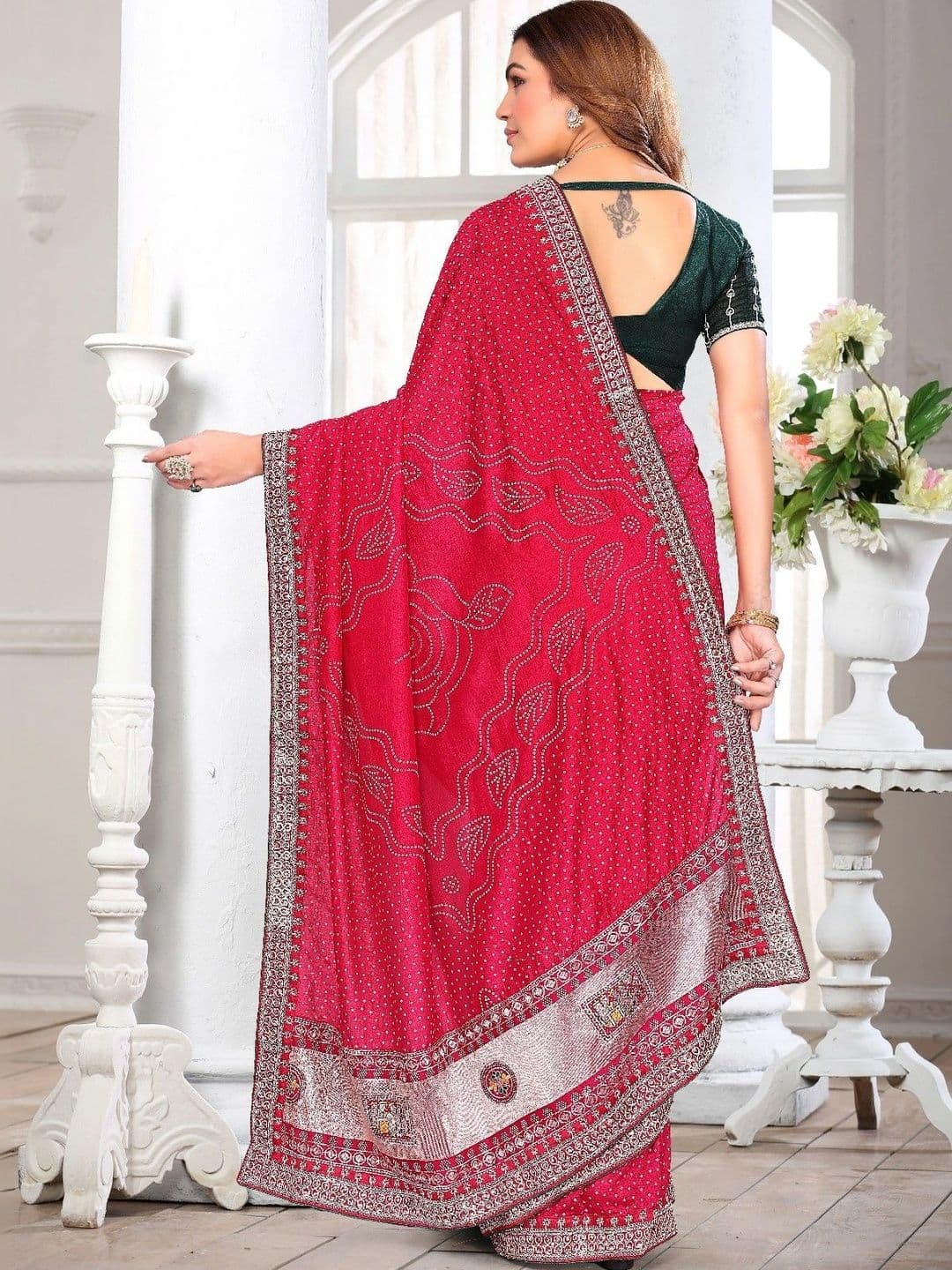 SmileyFashion Bandhani Embroidered Art Silk Designer Saree thumbnail 3