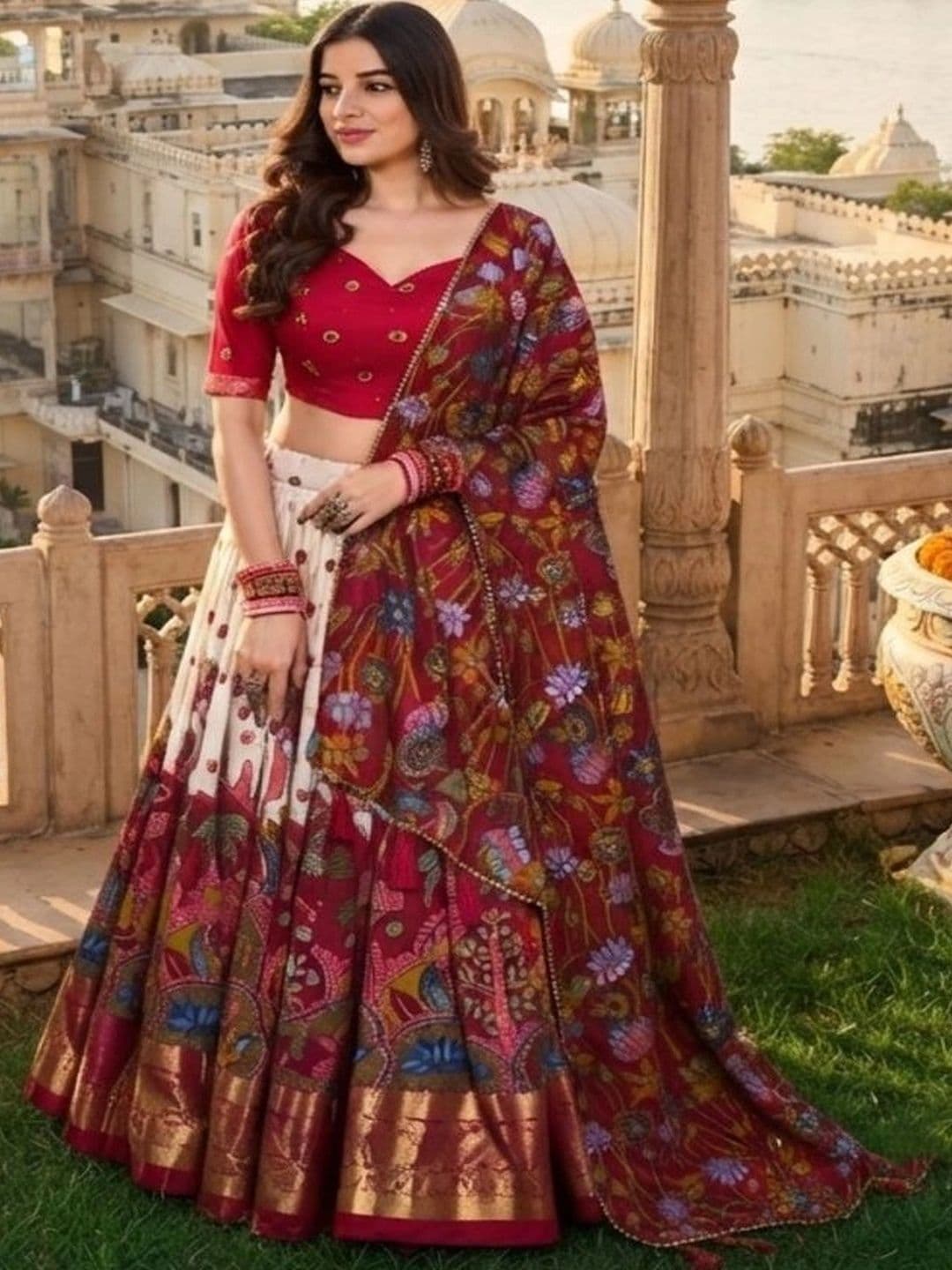 Anouk Women Embroidered Kalamkari Semi-Stitched Lehenga & Unstitched Blouse With Dupatta thumbnail 5