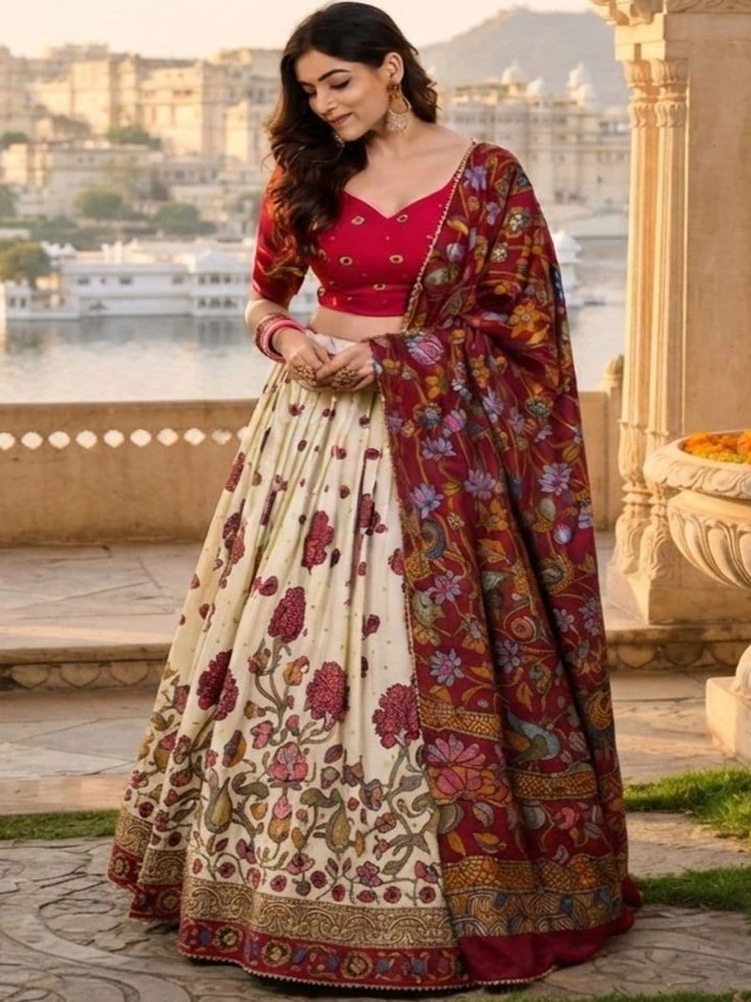 Anouk Women Embroidered Kalamkari Semi-Stitched Lehenga & Unstitched Blouse With Dupatta thumbnail 4