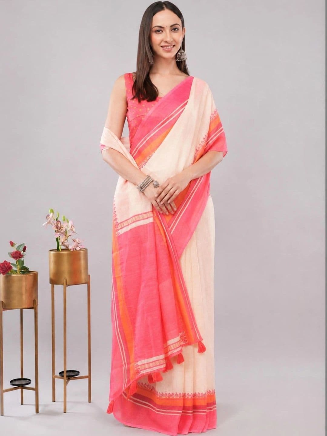 SAMANTHA Women Striped Linen Blend Saree - view 1