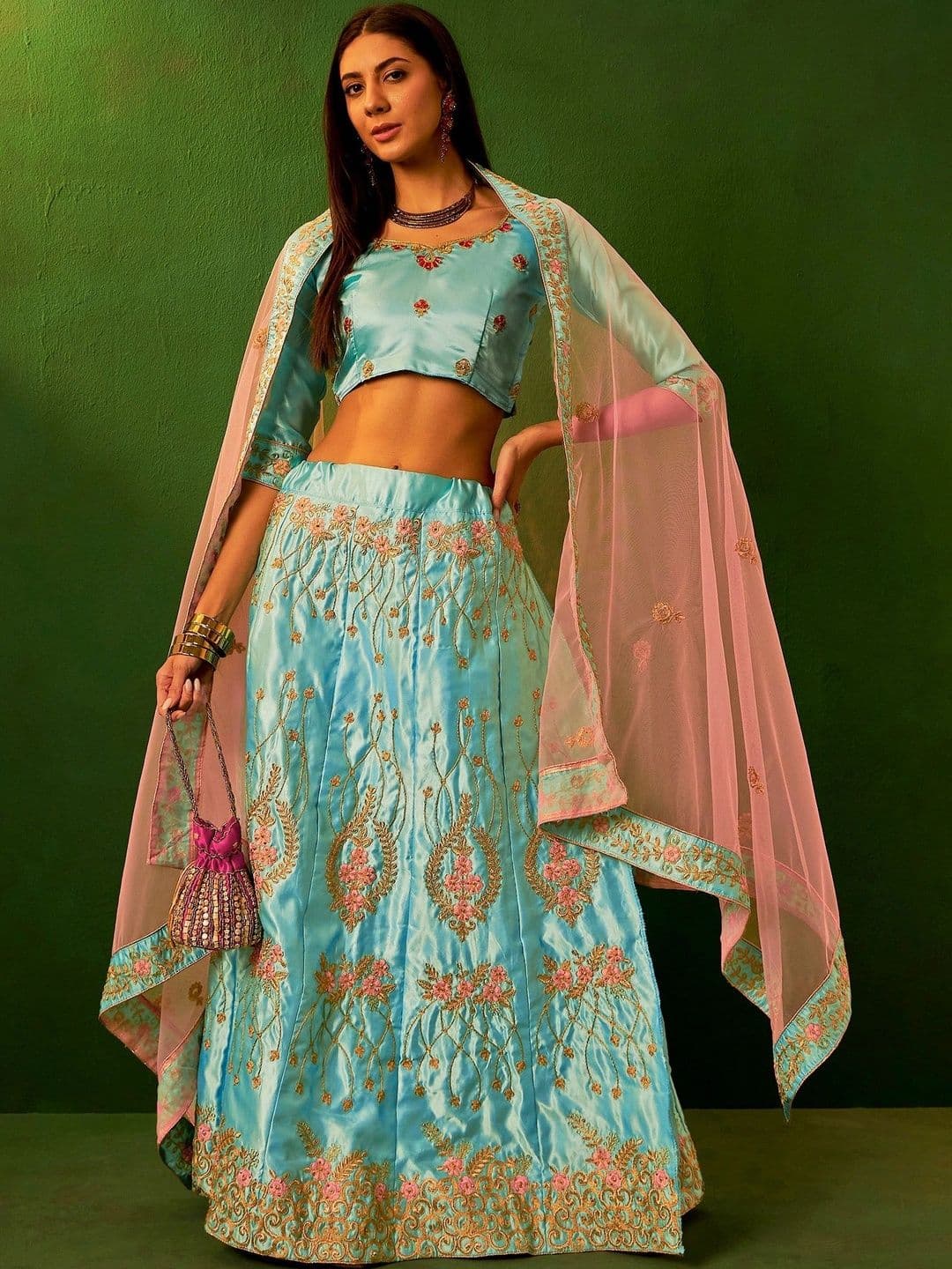 Mitera Embroidered Thread Work Semi-Stitched Lehenga & Unstitched Blouse With Dupatta thumbnail 3