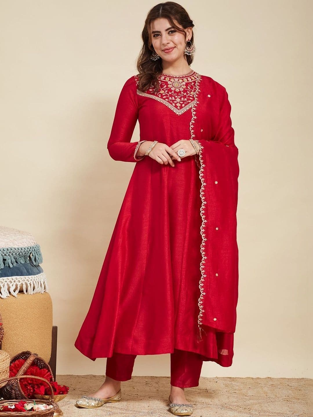 MOKOSH Women Silk Embroidered Anarkali Kurta And Pant Set With Dupatta - view 1