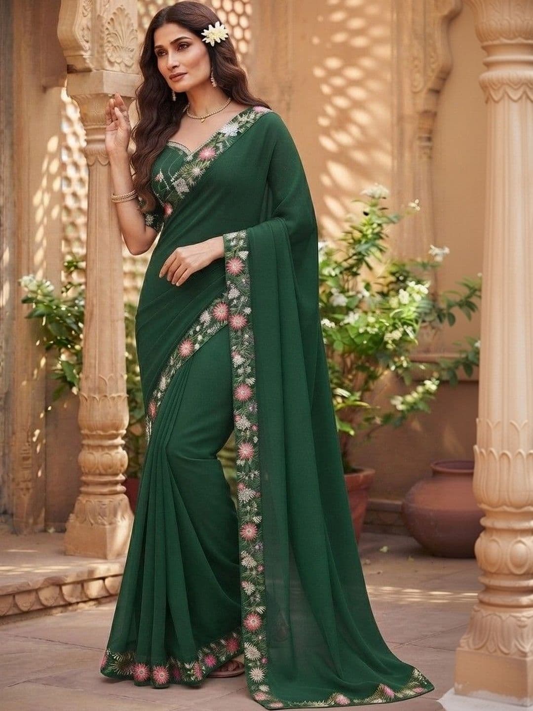 SmileyFashion Floral Art Silk Saree thumbnail 2
