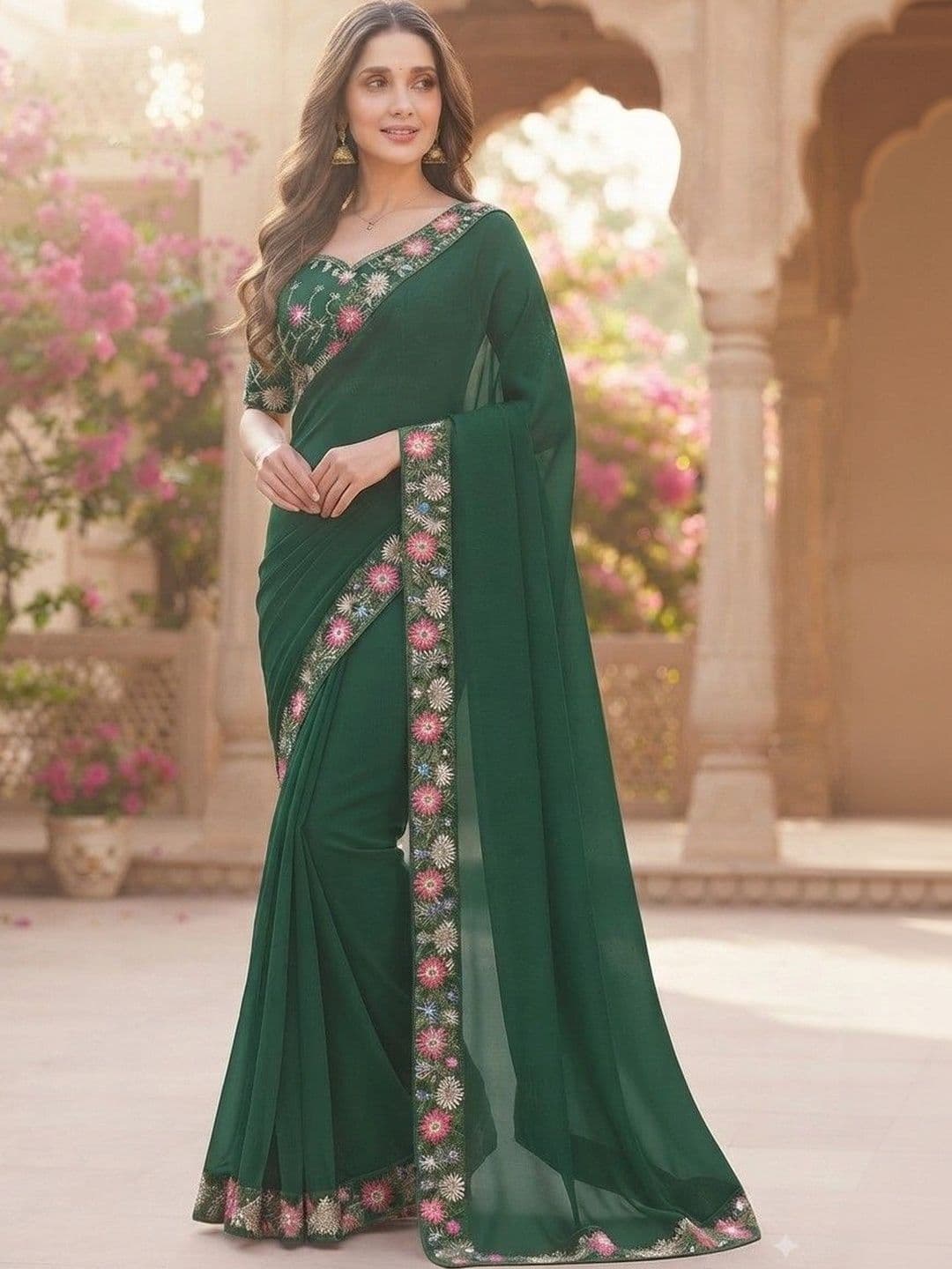 SmileyFashion Floral Embroidered Art Silk Saree thumbnail 4