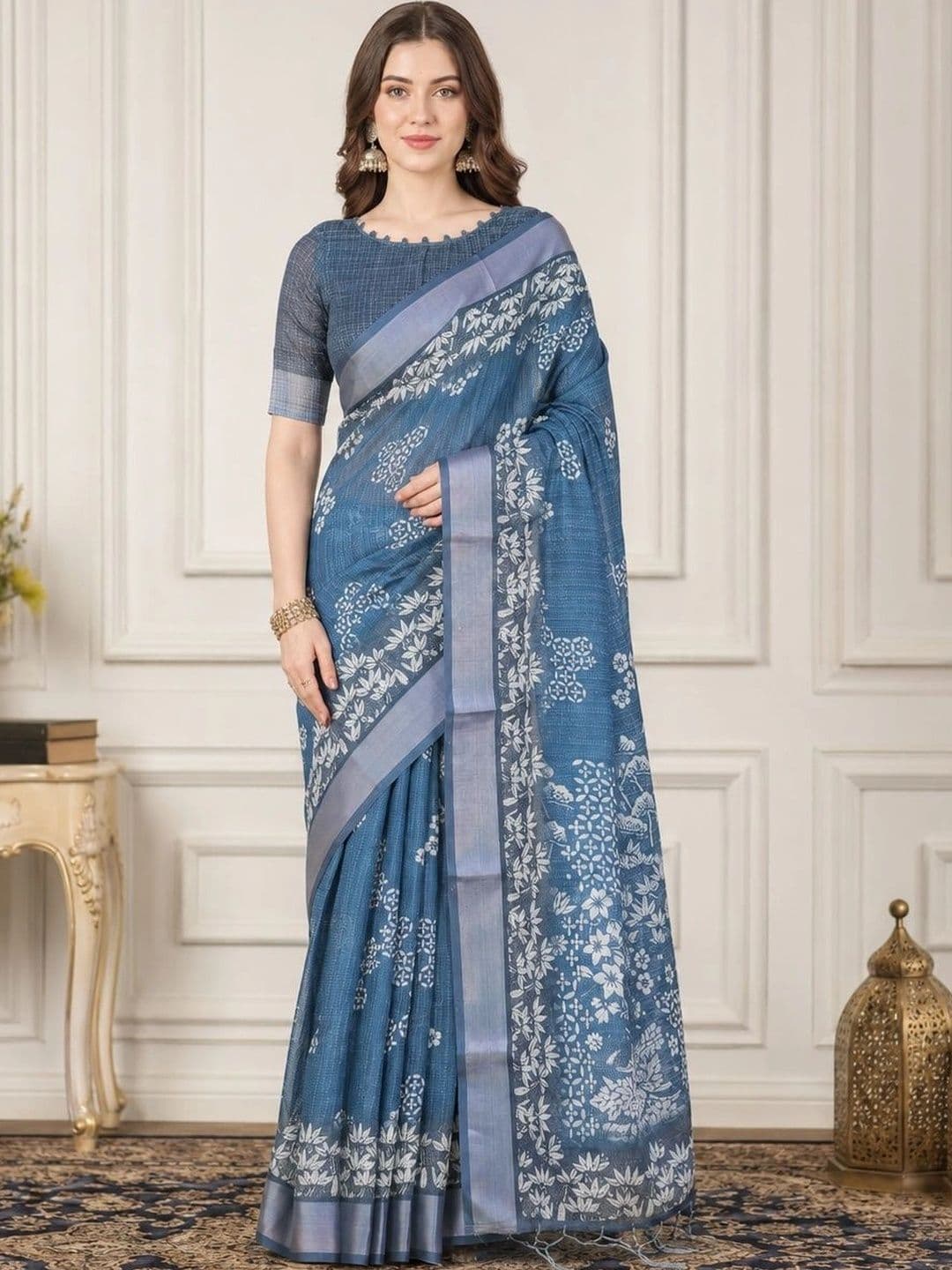 V3 FASHION STUDIO Floral Zari Linen Blend Block Print Saree - view 1