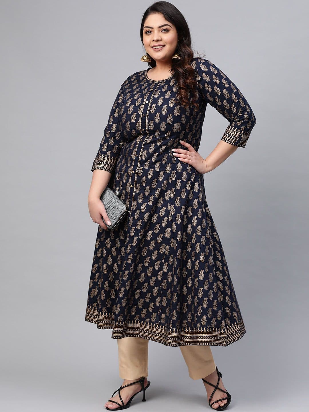 KALINI Round Neck Ethnic Motifs Printed Cotton A-Line Kurta thumbnail 2