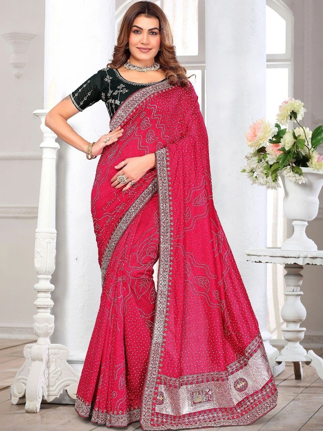 SmileyFashion Bandhani Embroidered Art Silk Designer Saree - view 1
