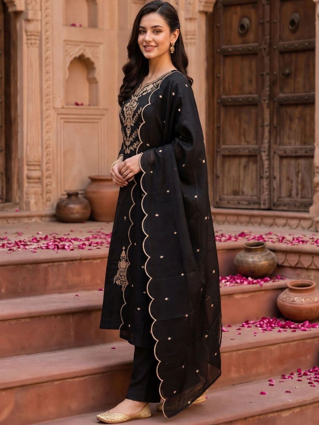 Indo Era Women Ethnic Motifs Embroidered Regular Thread Work Kurta with Trousers & With Dupatta thumbnail 5