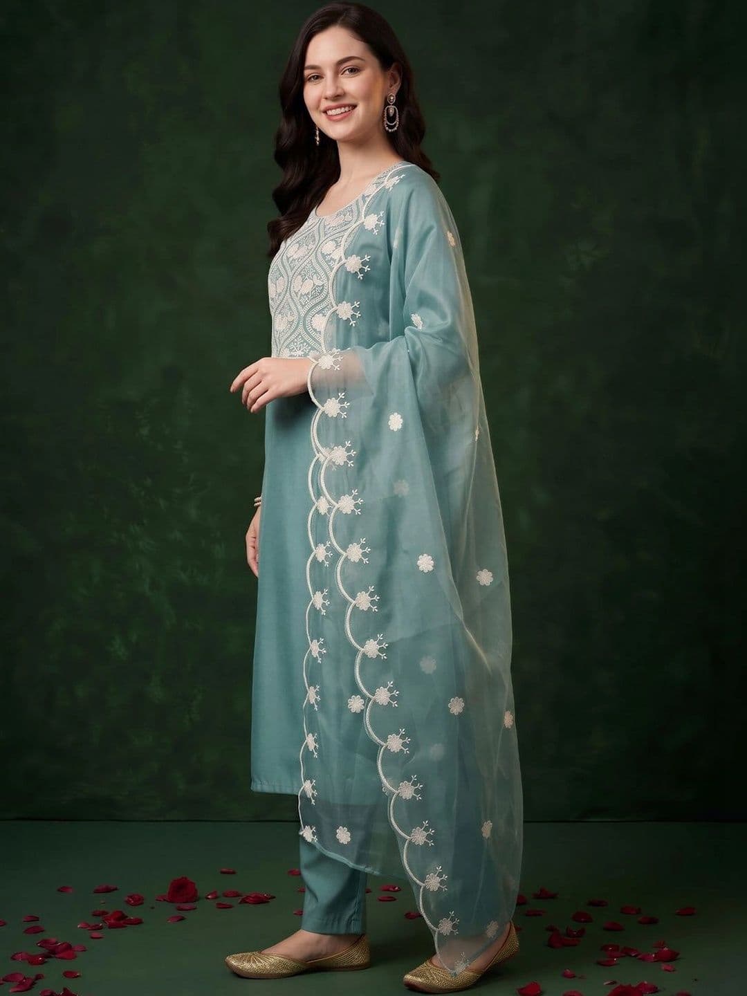 Indo Era Women Ethnic Motifs Embroidered Regular Thread Work Kurta with Trousers & With Dupatta thumbnail 2