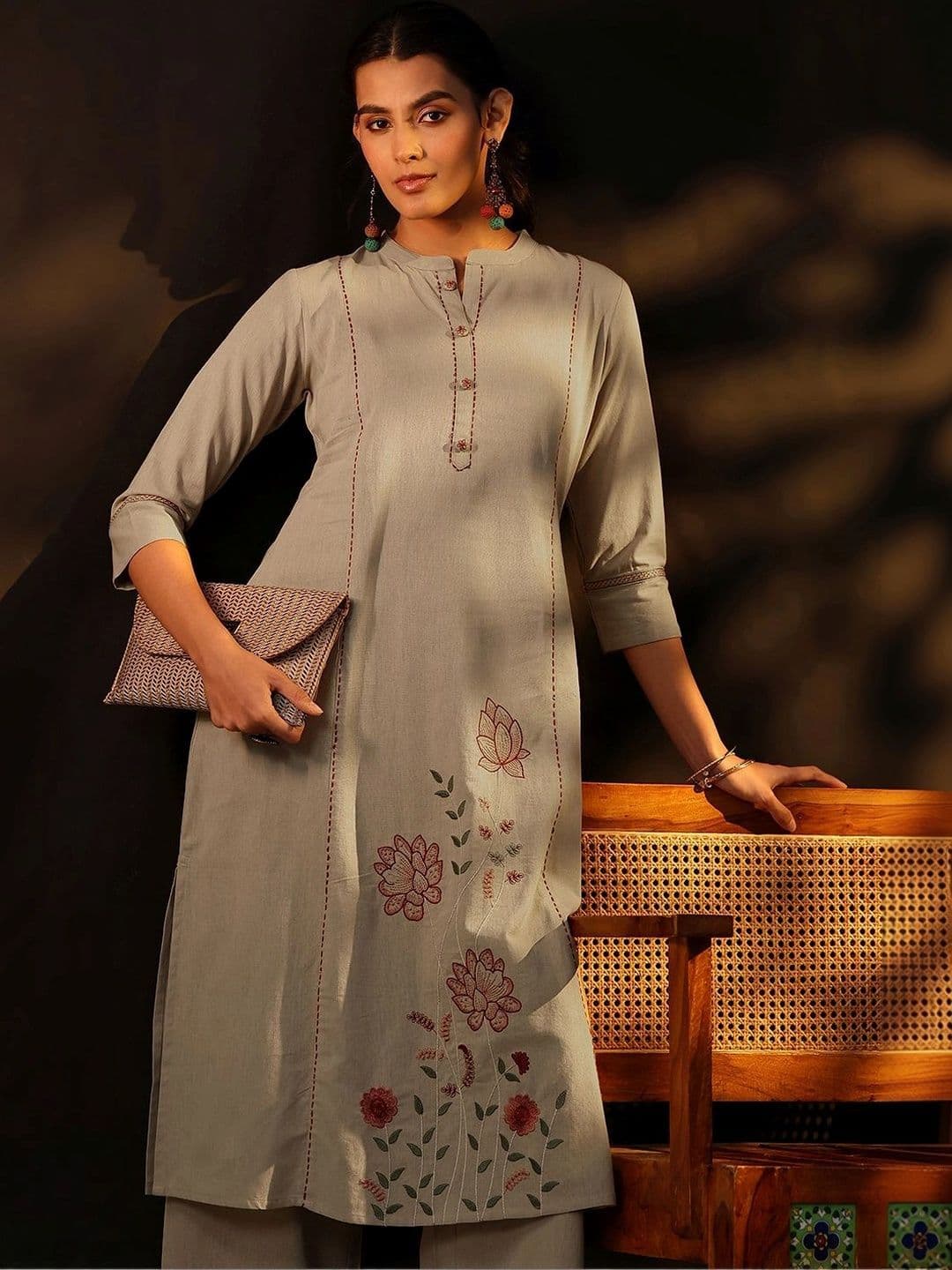 Libas Floral Embroidered Tunic with Trousers - view 1