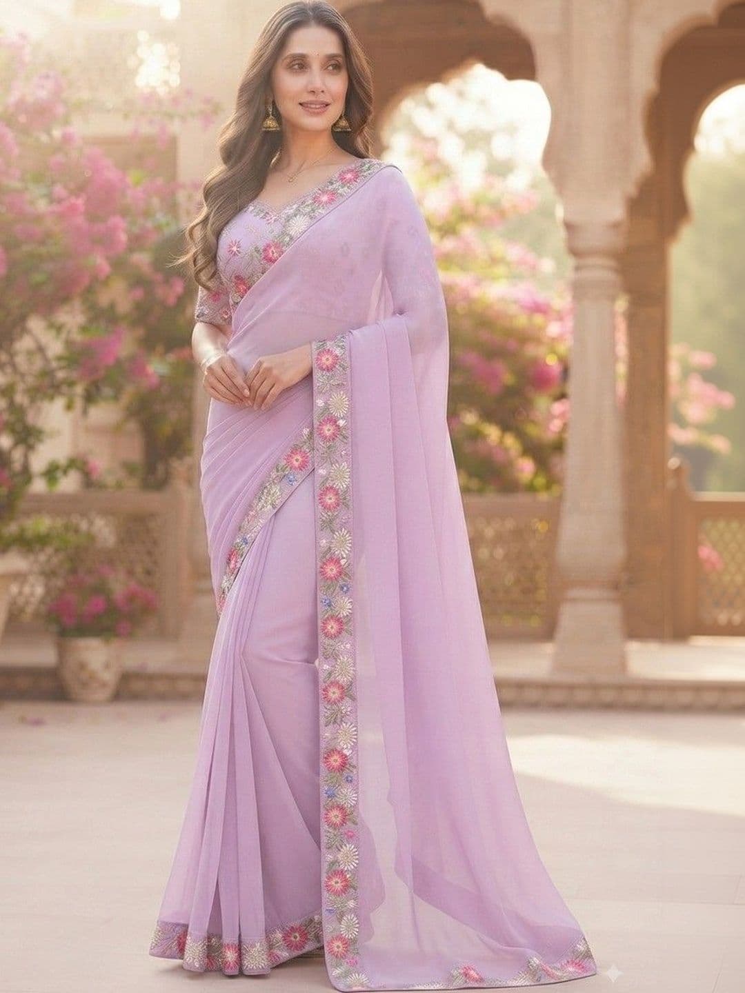 SmileyFashion Floral Embroidered Art Silk Saree - view 1