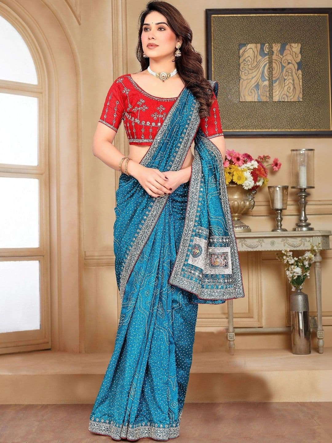 SmileyFashion Bandhani Embroidered Art Silk Designer Saree thumbnail 5