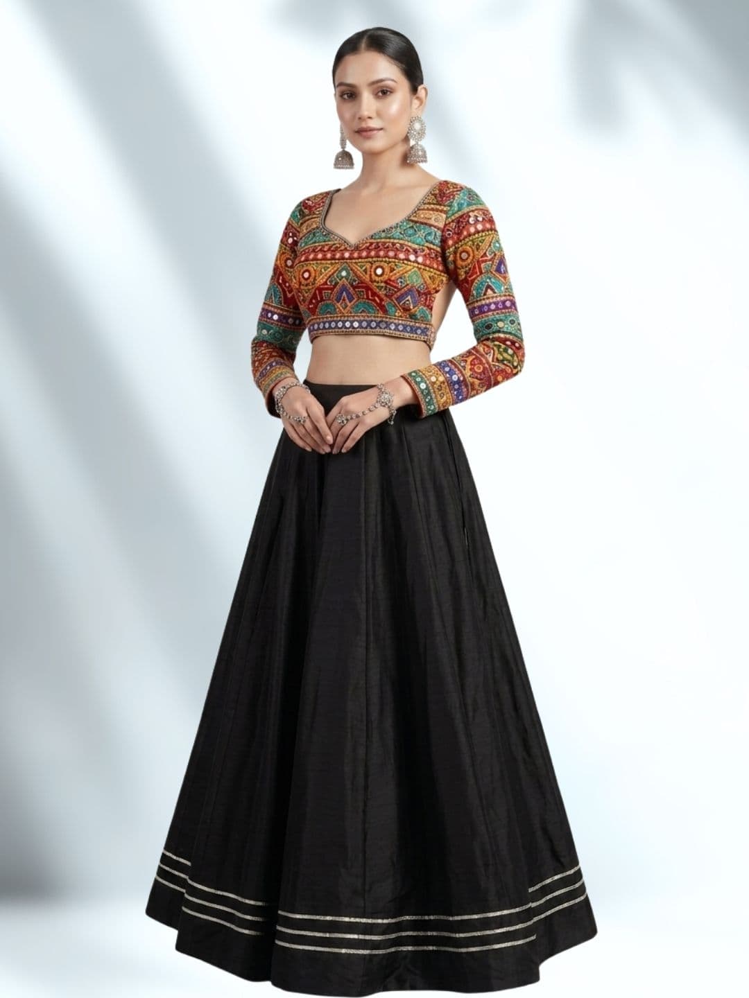 Vicharan Ready to Wear Lehenga & Unstitched plain Black Blouse (7mtr flair) thumbnail 2