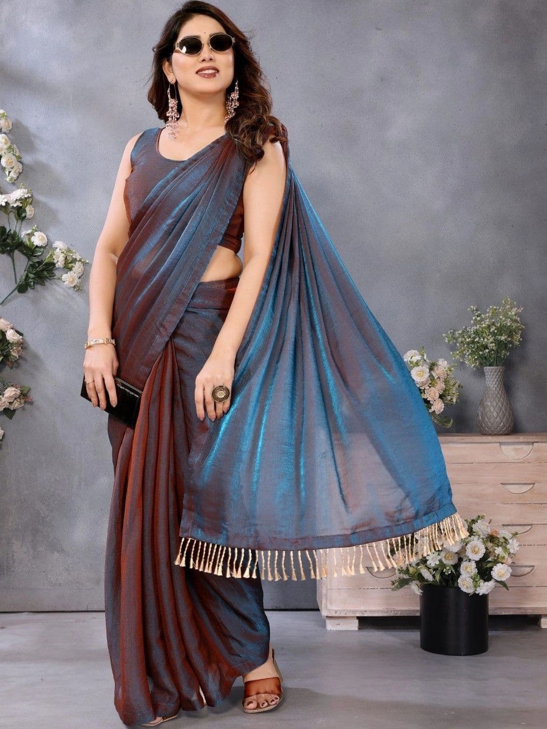 Sangria Organza Belted Maheshwari Saree - view 1