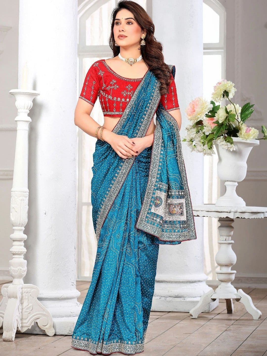 SmileyFashion Bandhani Embroidered Art Silk Designer Saree thumbnail 4
