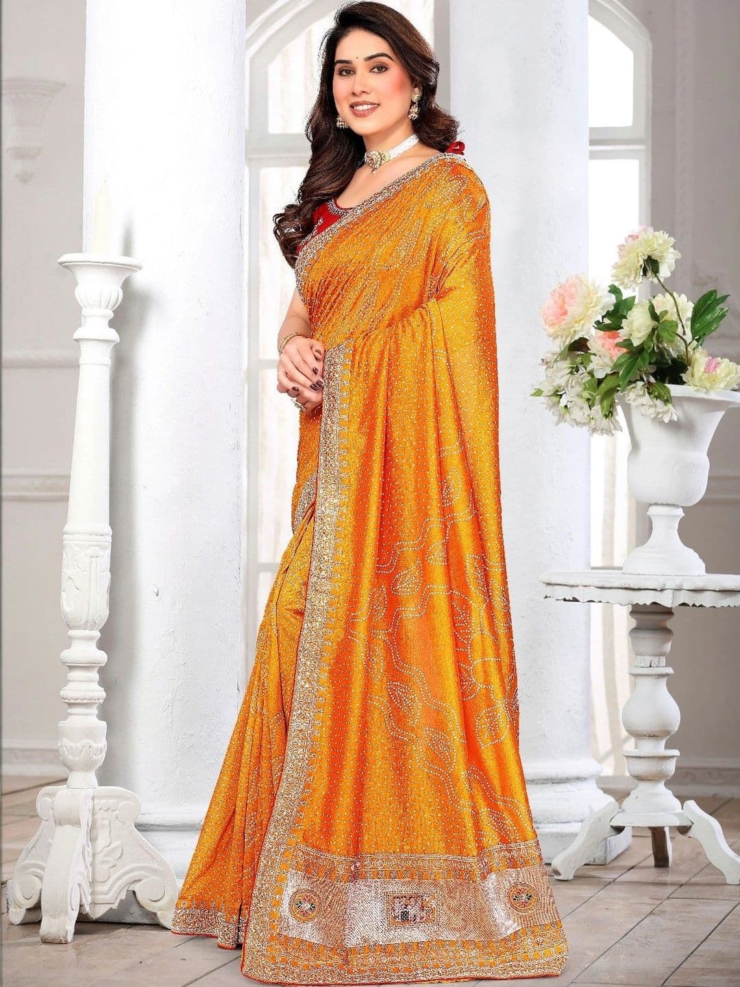 SmileyFashion Bandhani Embroidered Art Silk Designer Saree thumbnail 3