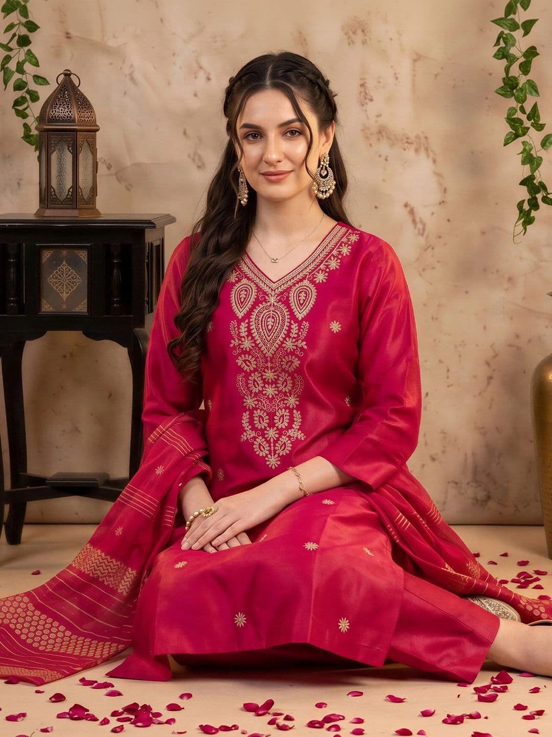 Indo Era Women Ethnic Motifs Embroidered Regular Thread Work Kurta with Trousers & With Dupatta thumbnail 5