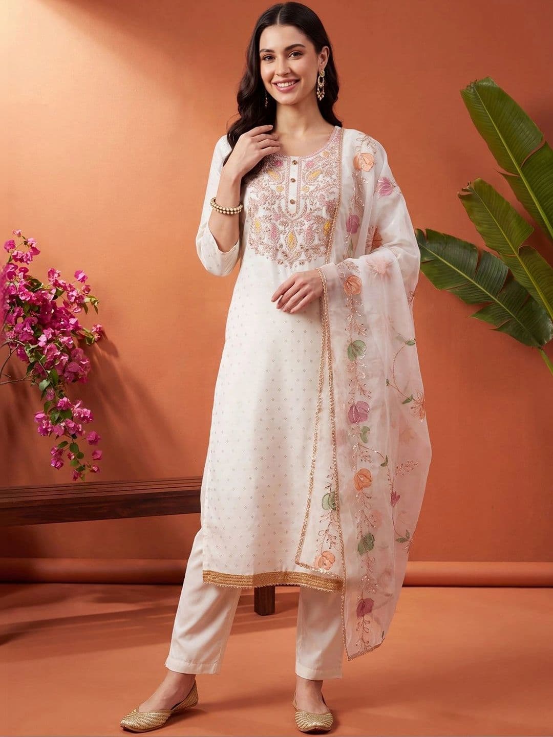 Indo Era Women Ethnic Motifs Embroidered Regular Thread Work Kurta with Trousers & With Dupatta thumbnail 6