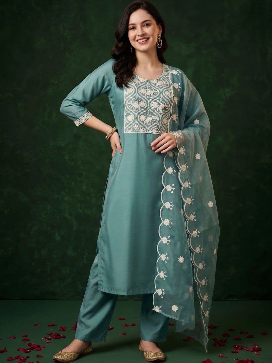 Indo Era Women Ethnic Motifs Embroidered Regular Thread Work Kurta with Trousers & With Dupatta - view 1