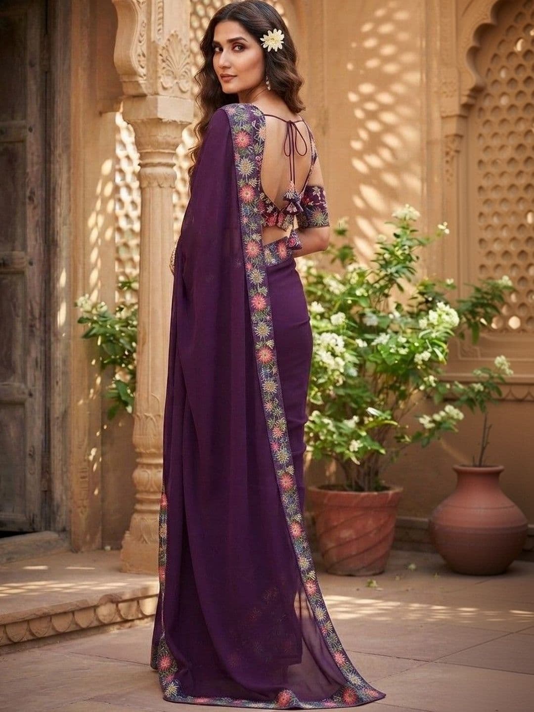 SmileyFashion Floral Embroidered Art Silk Saree thumbnail 4