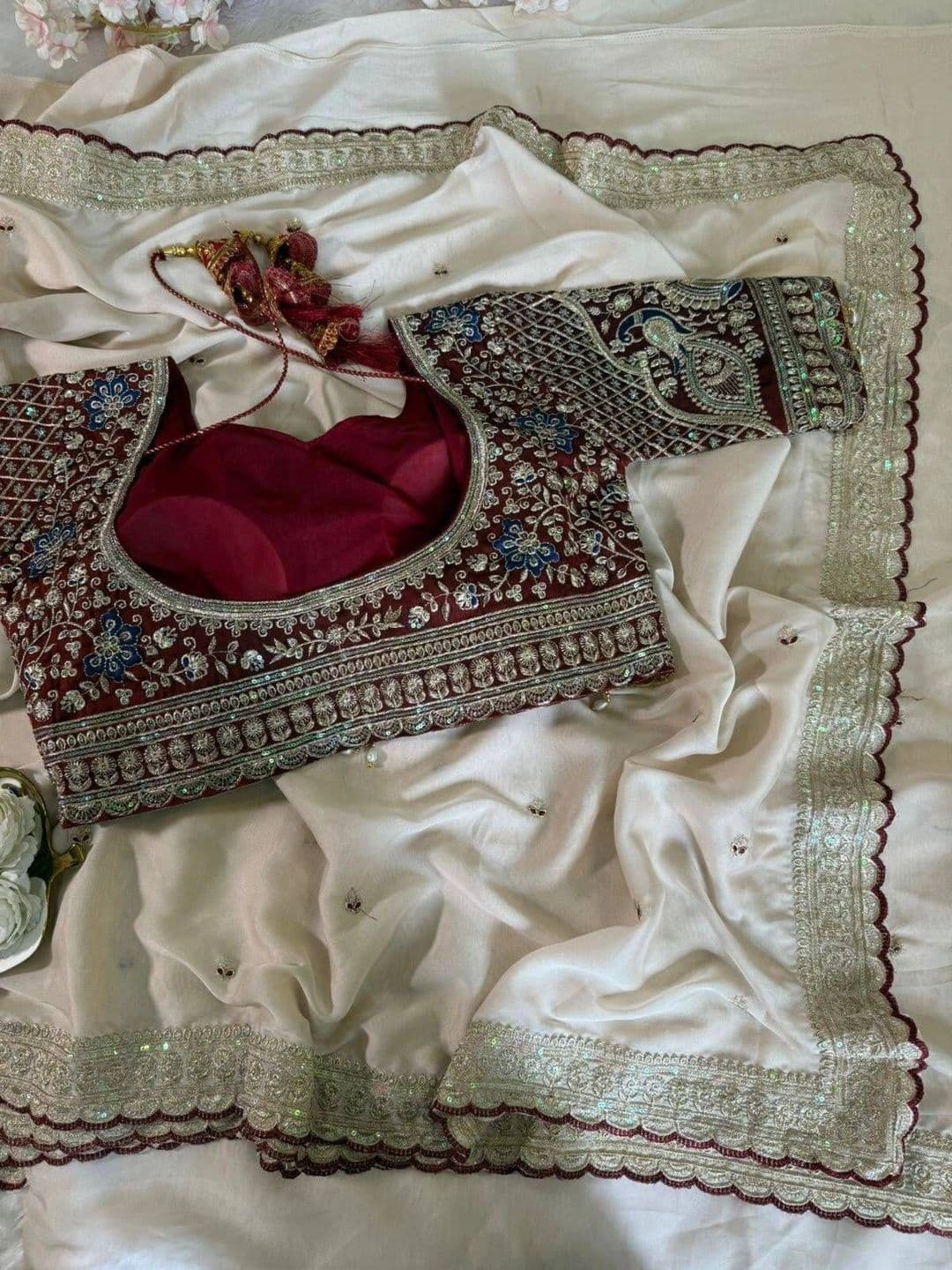Sangria Embellished Embroidered Satin Saree thumbnail 4