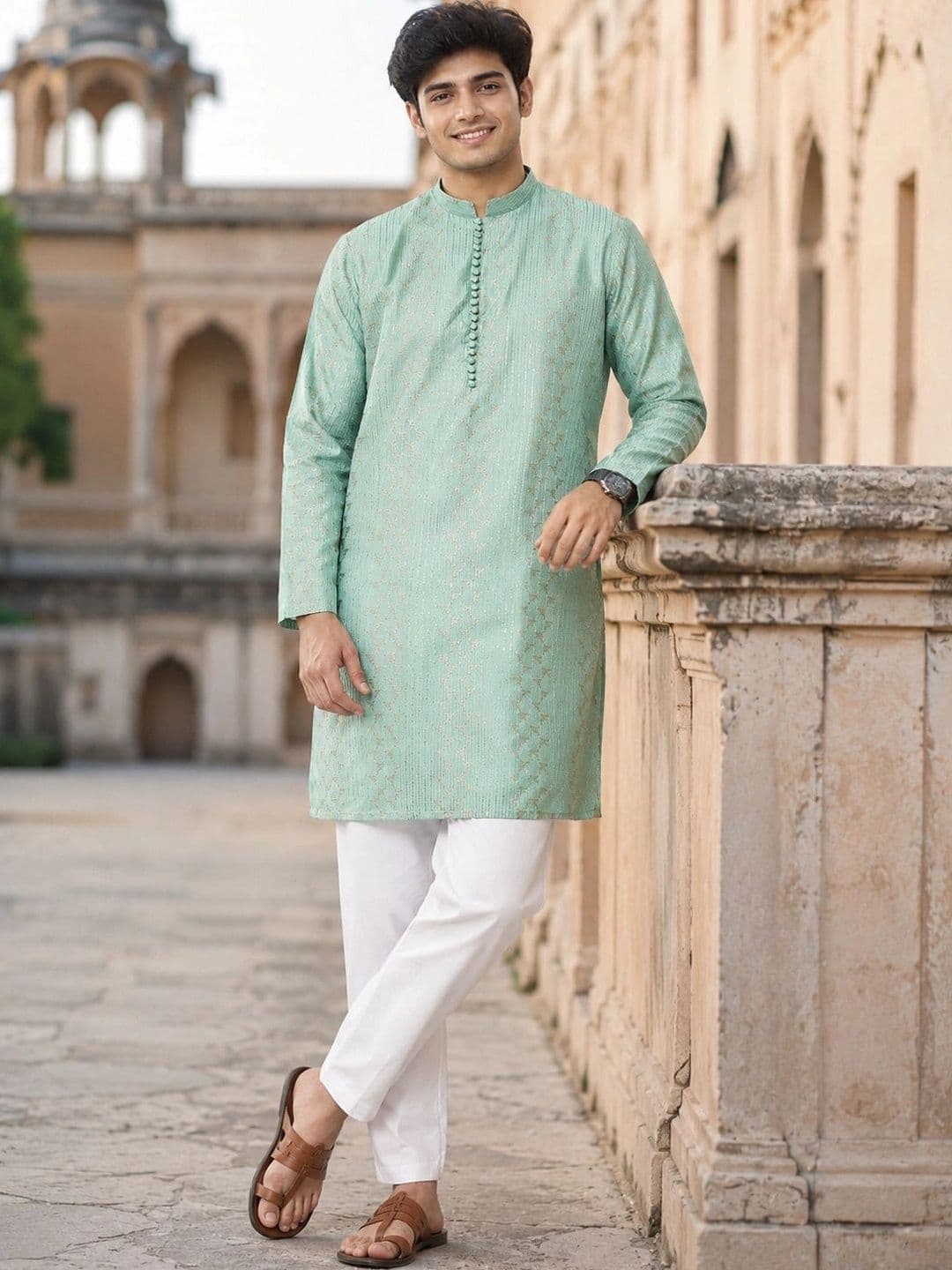See Designs Mandarin Collar Geometric Embroidered Chanderi Silk Straight Kurta - view 1