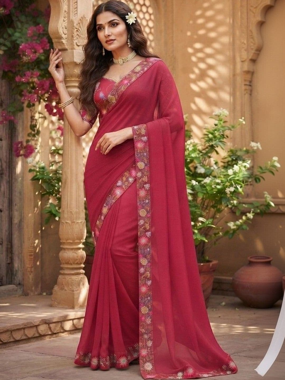 SmileyFashion Floral Embroidered Art Silk Saree thumbnail 4