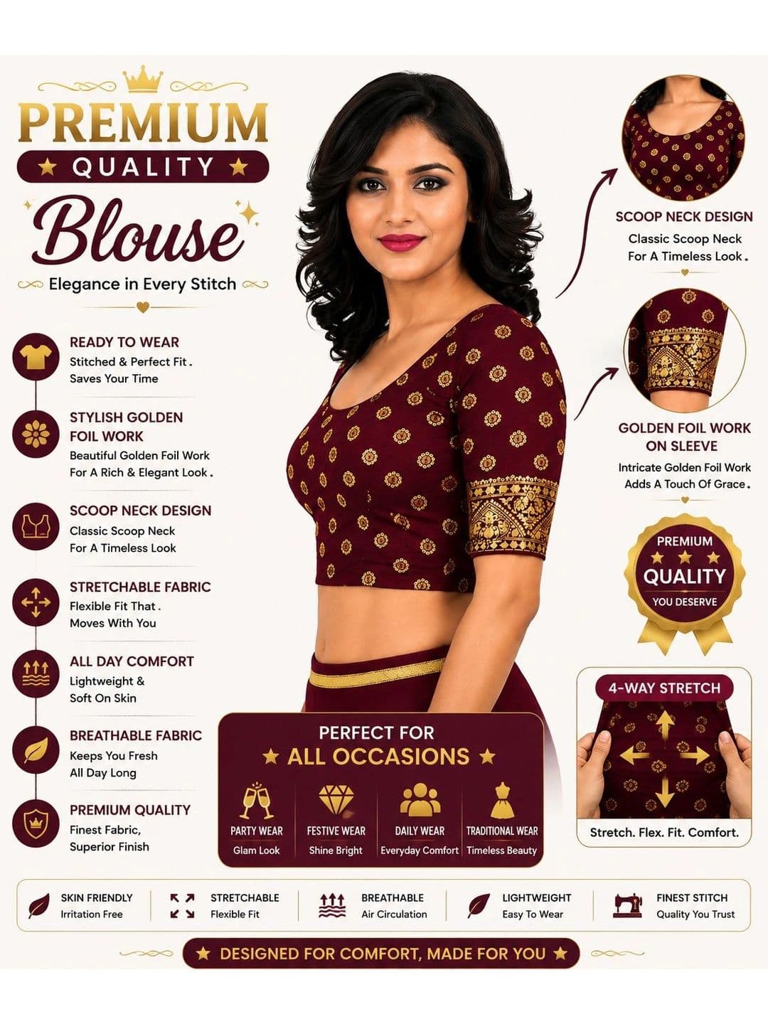 SmartQueen Printed Zari Saree Blouse thumbnail 3
