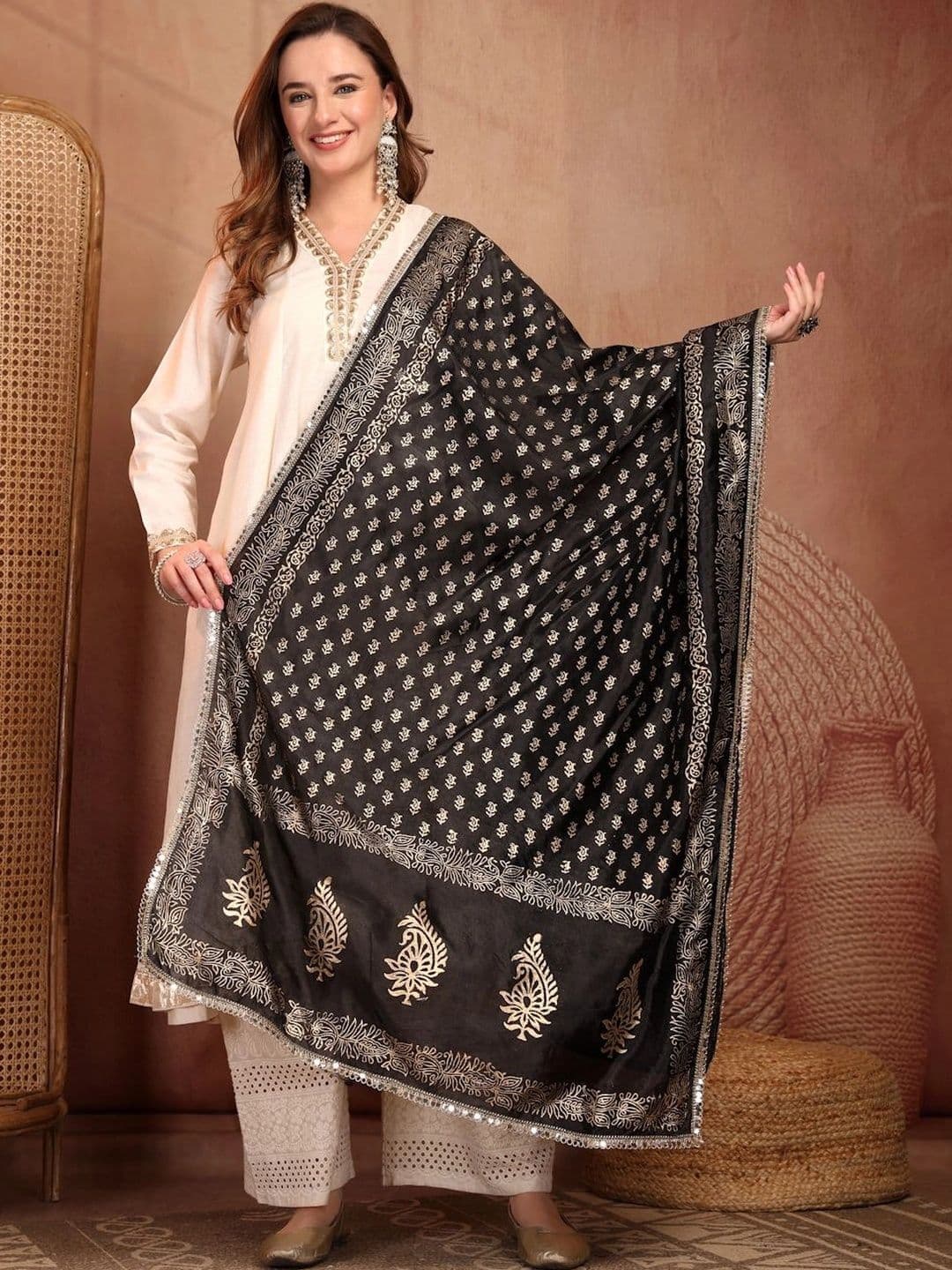 Clora Creation Ethnic Motifs Printed Foil Print Dupatta with Mirror Work - view 1