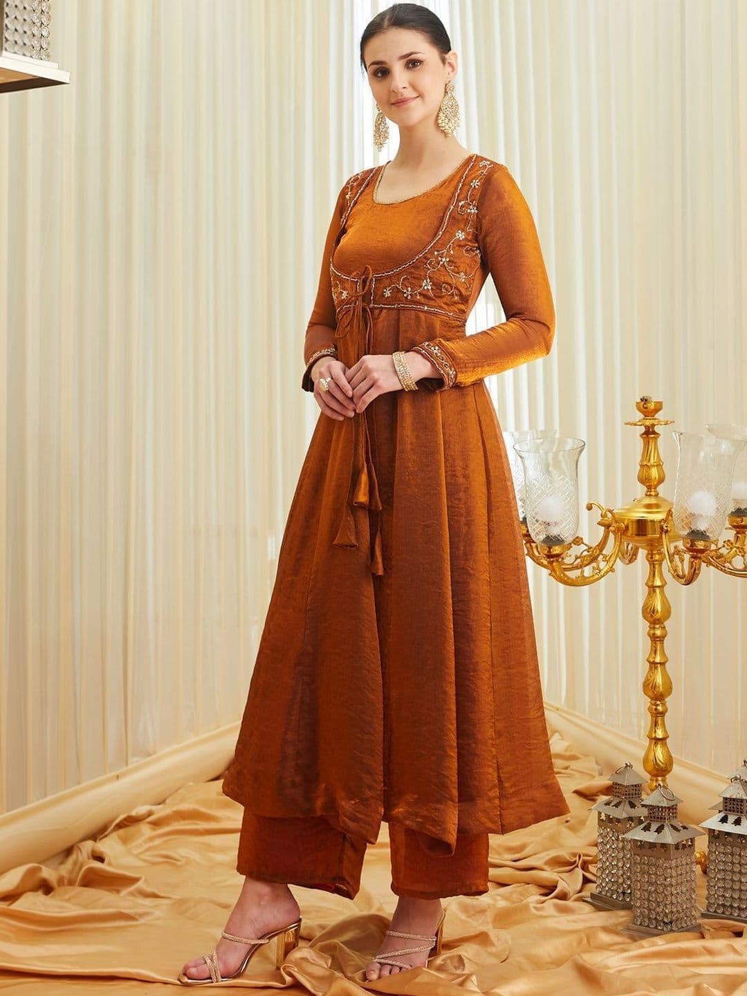 Colors  of Earth Colors of Earth Silk Embroidered Beadswork Anarkali Kurta Palazzo Set With Dupatta thumbnail 2