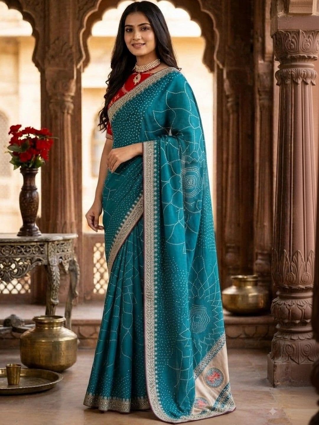 SmileyFashion Bandhani Embroidered Art Silk Designer Saree thumbnail 3