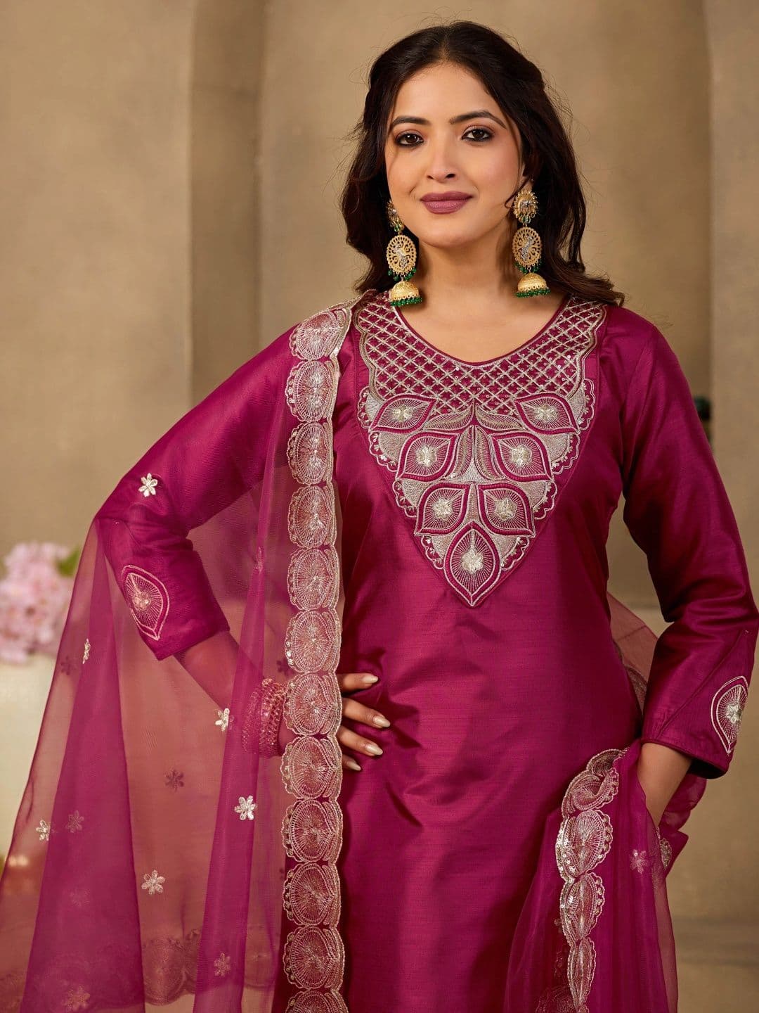 Sangria Women Ethnic Motifs Embroidered Regular Thread Work Kurta with Trousers & With Dupatta thumbnail 4
