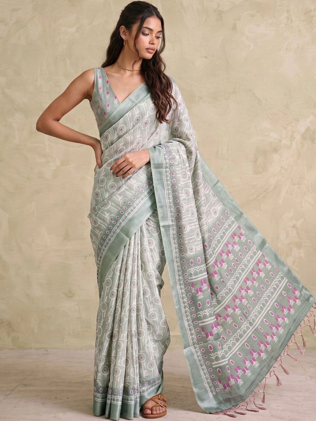 SAARA Zari,Screen Printed Linen Saree thumbnail 7