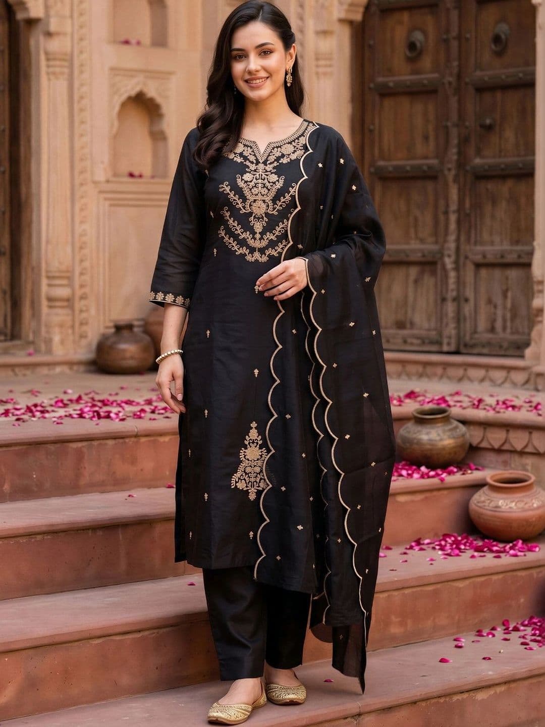 Indo Era Women Ethnic Motifs Embroidered Regular Thread Work Kurta with Trousers & With Dupatta thumbnail 4