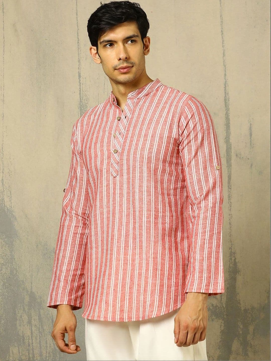Anouk Woven Design Striped Cotton Handloom Mandarin Collar Short Kurta thumbnail 6