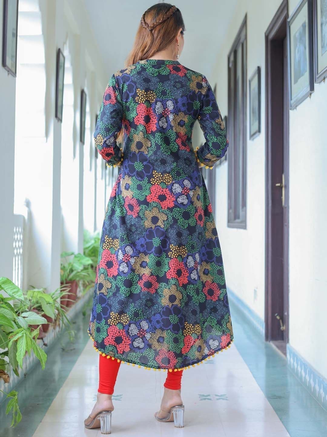 KALINI Floral Printed Mandarin Collar Cotton Pleated Anarkali Kurta thumbnail 5