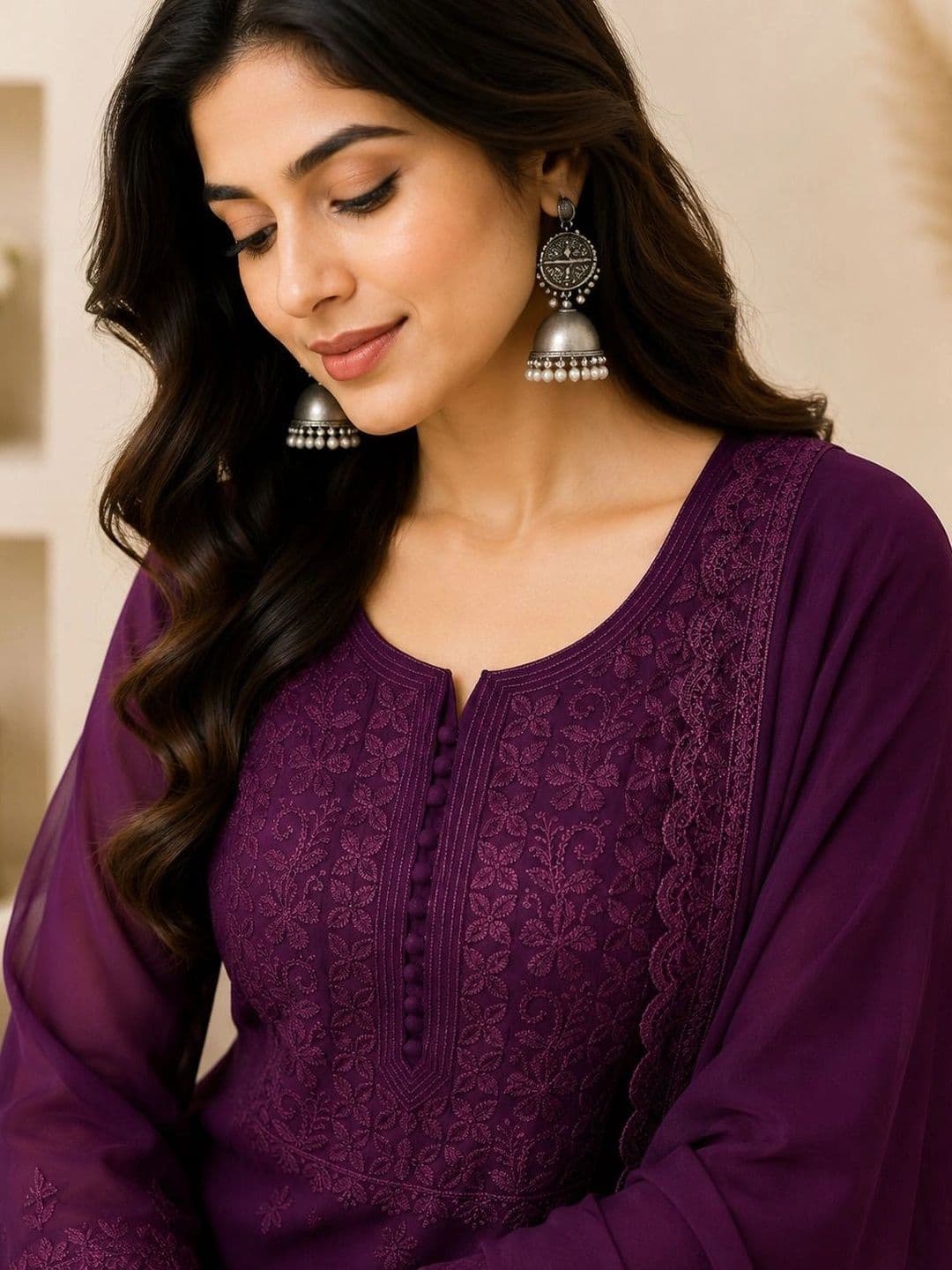 Meghrika Ethnics Women Ethnic Motifs Embroidered Regular Thread Work Kurta with Palazzos & With Dupatta thumbnail 2
