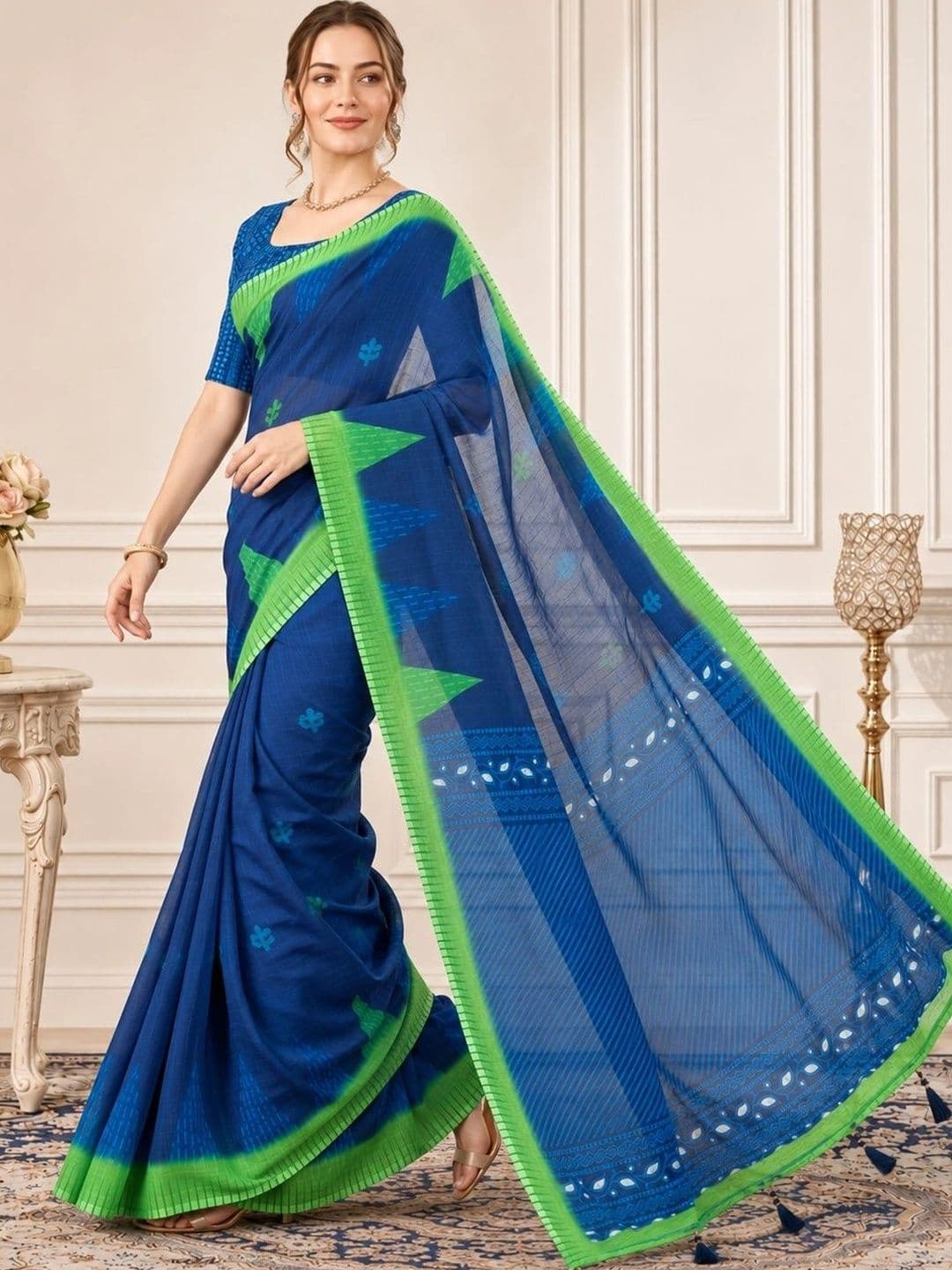V3 FASHION STUDIO Ethnic Motifs Zari Linen Blend Handloom Block Print Saree thumbnail 3