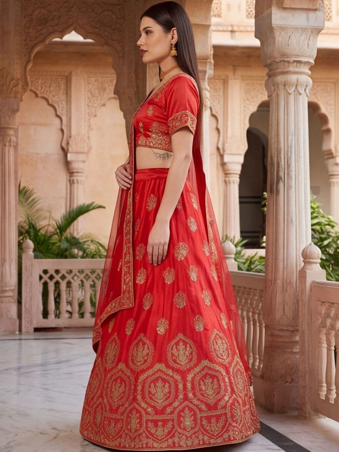 Mitera Embroidered Semi-Stitched Lehenga & Unstitched Blouse With Dupatta thumbnail 3